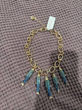 Gold Necklace Blue Glitter Fish Charms - Betsey Johnson sardines double sided
